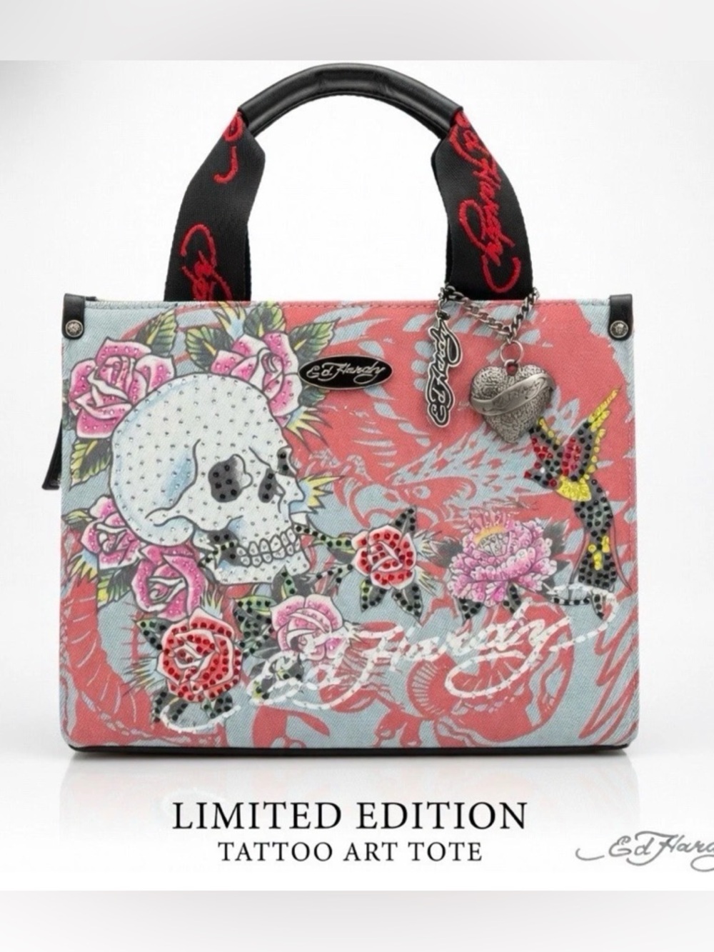 Ed Hardy Tattoo Rose & Skull Denim Rhinestone Purse NWT - Picture 2 of 13